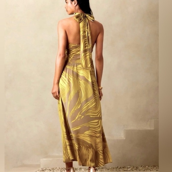 Banana Republic Factory Halter Satin Maxi Dress Khaki Tan Yellow Lime Size 8 P1 - Picture 3 of 10